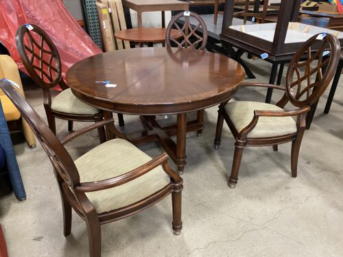 Unique Wood Circular Dining Table with 4 Lattice Style Chairs