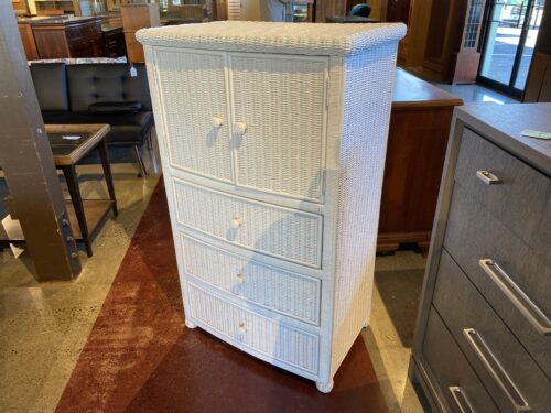 White Wicker Armoire with Three Lower Drawers