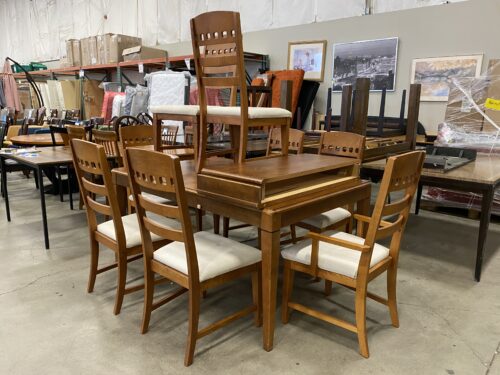 Wooden Dining Set w/ 2 Leaves & 8 Tan Upholstered Chairs