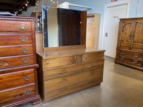 BASSETT Vintage Walnut Doublewide Dresser w/ Mirror & Basket Weave Detail