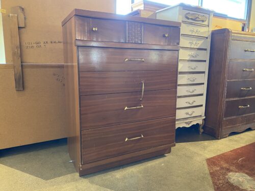BASSETT Vintage Walnut 4-Drawer Tallboy Dresser w/ Basket Weave Detail