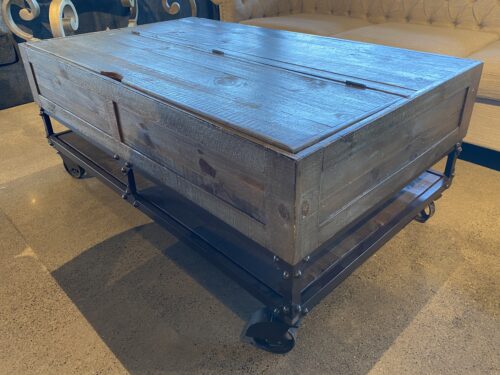 Rustic Industrial Lift Top Storage Coffee Table on Wheels