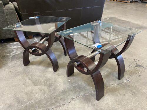 KLAUSSNER Quantum Curved Wood Base End Tables with Glass Top