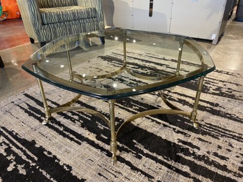Hollywood Regency Hexagonal Glass Top Coffee Table with Brass Frame