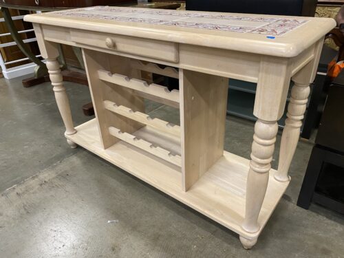 Wood and Tile Farmhouse Style Kitchen Island with Wine Rack