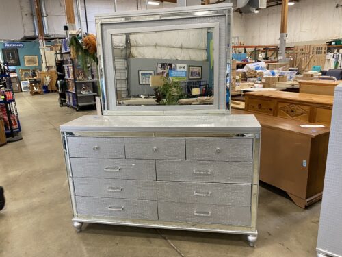 NEW CLASSIC  Valentino Silver Croc Embossed Longboy Dresser with Mirror