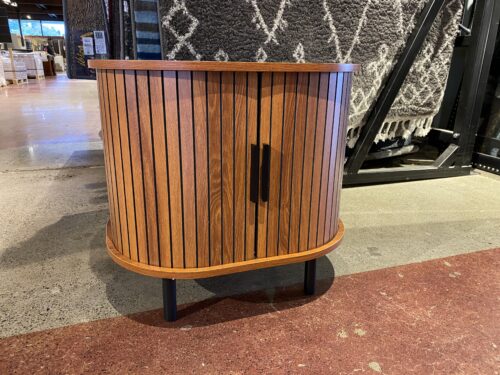 Fluted Oval Shaped End Table with Double Sliding Doors