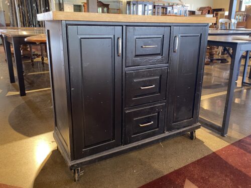 Black Kitchen Island Cart w/ Thick Wood Top & Granite Trivet
