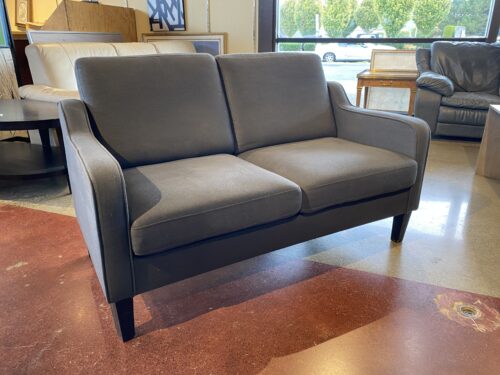 Grey Upholstered Loveseat with Scooped Armrest and Wood Legs