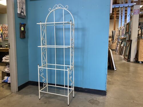 Antique White Metal Baker's Rack with Brass Accents