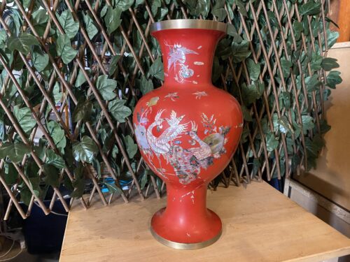 Red Enamel Over Brass with Mother of Pearl Peacock Design
