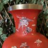 Red Enamel Over Brass with Mother of Pearl Peacock Design