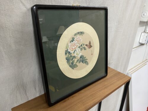 Vintage Chinese Silk Painting Depicting Roses & Butterfly