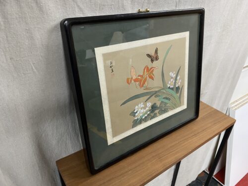 Vintage Chinese Silk Painting w/ Butterfly & Lillies