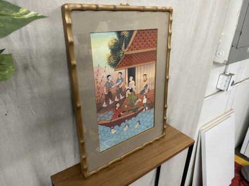 Vintage Painting of Asian Village in Bamboo Frame