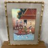 Vintage Painting of Asian Village in Bamboo Frame