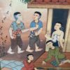 Vintage Painting of Asian Village in Bamboo Frame