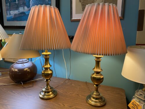 STIFFEL Vintage Brass Lamps w/ Pleated Shades (Set of 2)