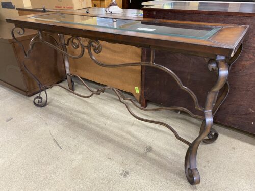 Metal & Glass Sofa Table w/ Leather Inlay