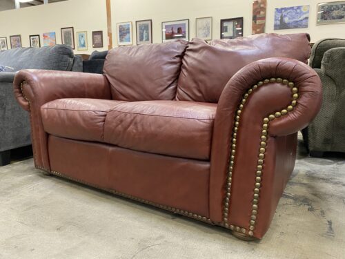 Burgundy Leather Plush Loveseat with Nailhead Trim