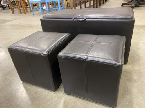 Espresso Brown Leather Ottoman with Tray and Mini Ottomans