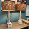 White Geometric Tall Table Lamps w/ Orange Floral Shades (Set of 2)