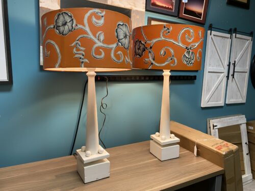 White Geometric Tall Table Lamps w/ Orange Floral Shades (Set of 2)