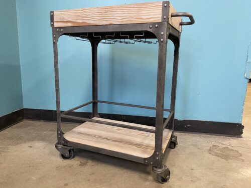 Industrial Style Rolling Bar Cart with Wine Glass Rack