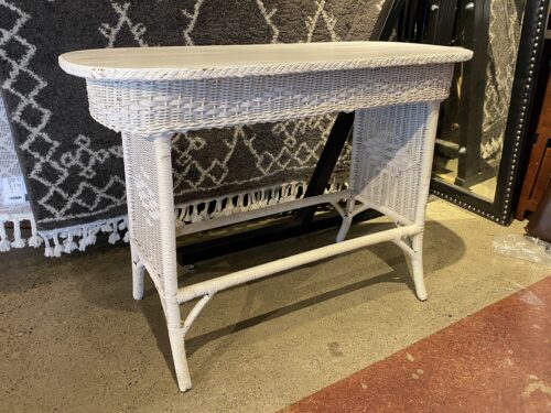 White Pill-Shaped Wicker Accent Table