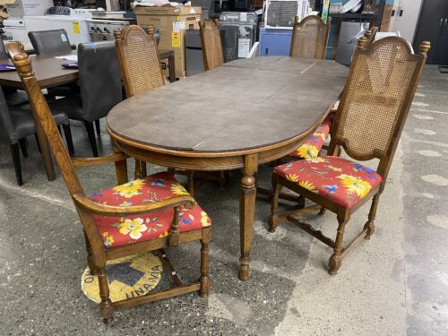 DREXEL Vintage Oval Dining Set w/ 2 Leaves & 6 Wicker Back Chairs