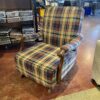 Plaid Rocking Chair with Carved Wood Arms