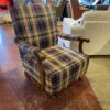 Plaid Rocking Chair with Carved Wood Arms
