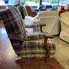 Plaid Rocking Chair with Carved Wood Arms