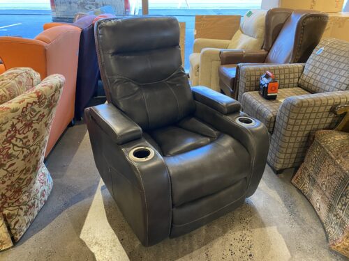 Black Leather Power Recliner with Arm Storage and Cupholders