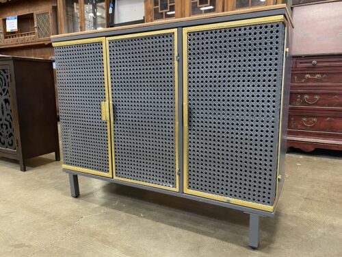 JASMODER Grey and Gold Metal Cabinet with Wooden Top and Cane Design