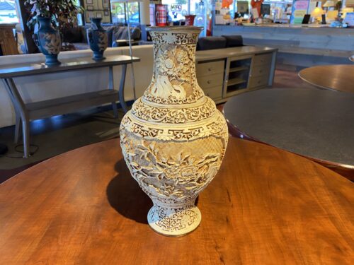 Off White Floral Carved Vase over Brass