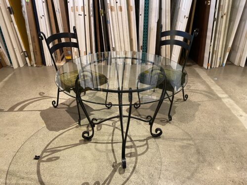 42" Round Glass Top Table with Wrought Iron Base and Chairs