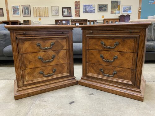 Vintage Solid Oak 3 Drawer Nightstand (Set of 2)