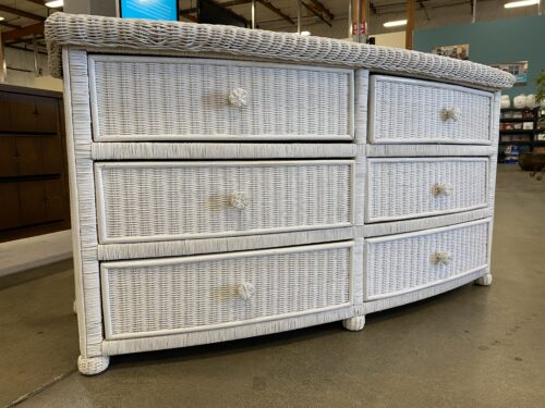 White Wicker 6 Drawer Lowboy Dresser