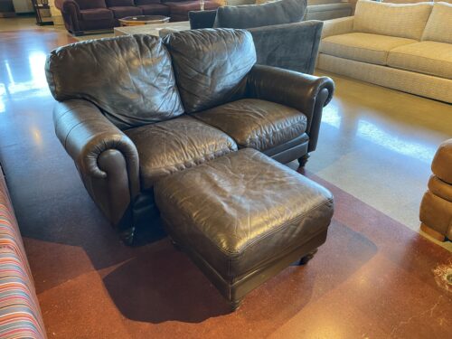 Brown Leather Loveseat with Matching Ottoman