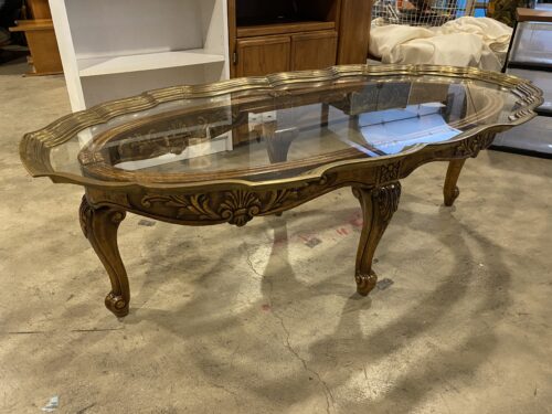 Brass & Glass Coffee Table w/ Ornate Wood Base