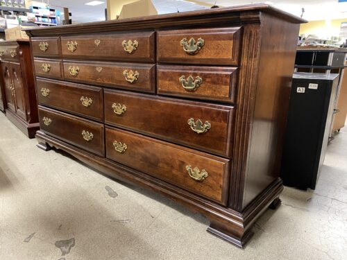 Dark Wooden 10-Drawer Longboy Dresser w/ Brass Hardware