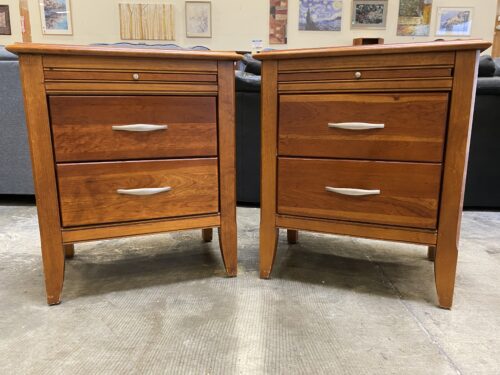 BASSETT 2 Drawer Cherry Stained Nightstand with Pull Out Shelf (Set of 2)