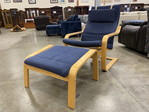 IKEA  Poang No Stress Navy Blue Recliner with Ottoman and Pillow Attachment