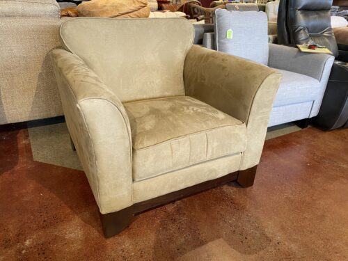 Suede Armchair with Wood Base in Tan
