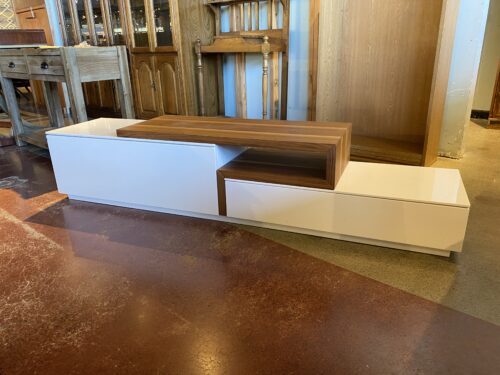 Modern Low Set TV Console in White High Gloss and Walnut