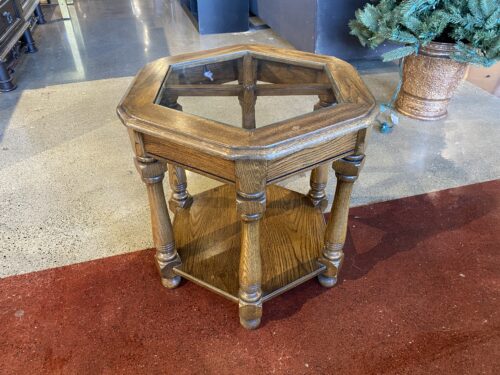 Vintage Wood Hexagon Side Table with Glass Top