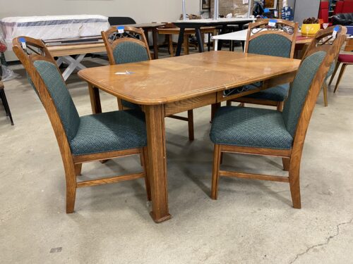 Wooden Dining Set with 4 Upholstered Chairs Featuring Wrought Iron Accents  and Leaf Insert