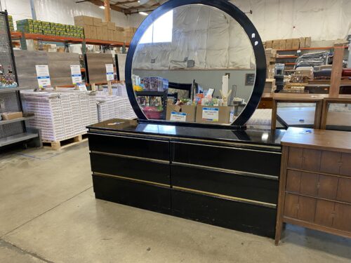 Art Deco Black Glossy Dresser with Large Round Mirror