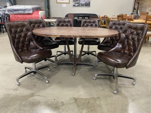 CHROMCRAFT Walnut Burl Drop Leaf Dining Table with 6 Tufted Leather Chairs